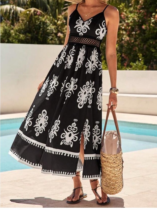 SHEIN Dresses & Skirts - Black & White Floral Maxi Dress with Crochet Waist